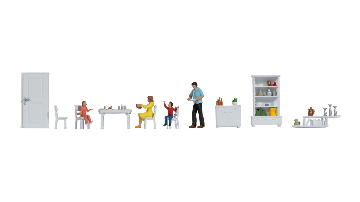 NOCH NO16284 Themed Figures Set ‘Dining Room’ Contents: 1 father, 1 mother, 2 children 1 set table with 4 chair…