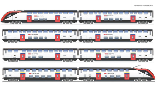 Roco 7710007 8 Piece Set Long Distance Double Deck Train RABe 502 SBB DCC