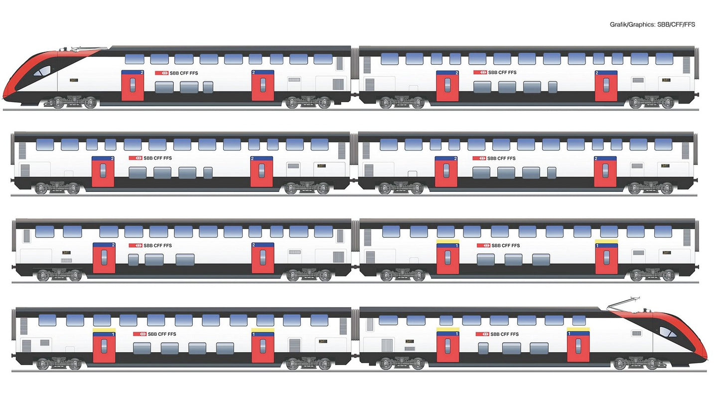 Roco 7710007 8 Piece Set Long Distance Double Deck Train RABe 502 SBB DCC