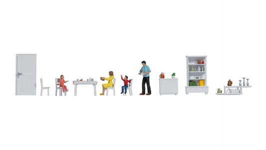 NOCH NO16284 Themed Figures Set ‘Dining Room’ Contents: 1 father, 1 mother, 2 children 1 set table with 4 chair…