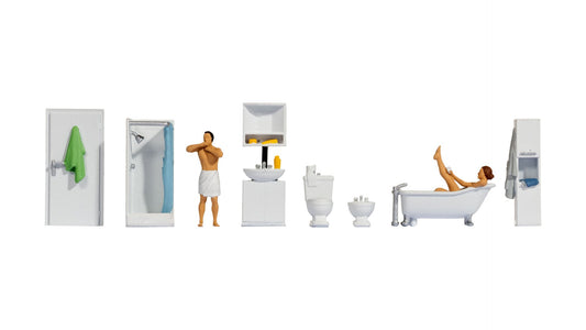 NOCH NO16289 Themed Figures Set ‘Bathroom’  Contents: 1 man 1 woman in bathtub 1 shower, 1 toilet, 1 bidet, 1…