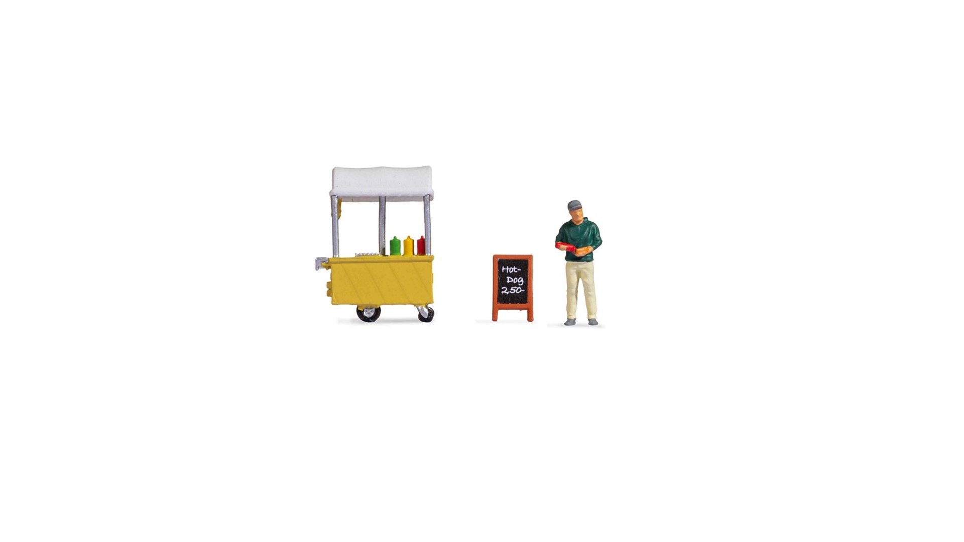 NO16505 Tiny-Scenes ï¿½Hotdog Vanï¿½ 1 hot dog trolley, 1 advertising sign and 1 sausage vendor
