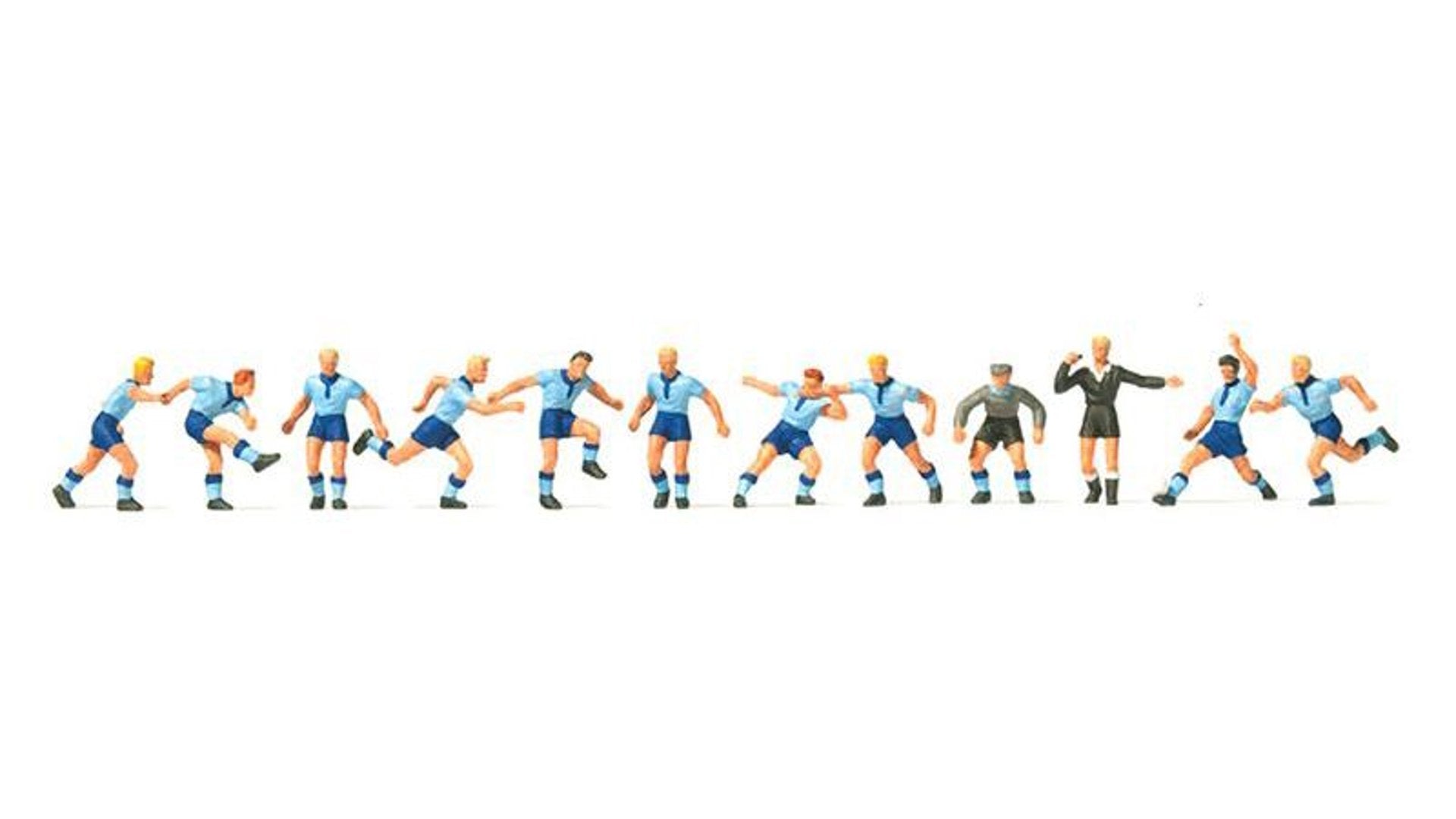 Preiser 10756 Soccer Team And Referee Light Blue Shirts Dark Blue Shorts